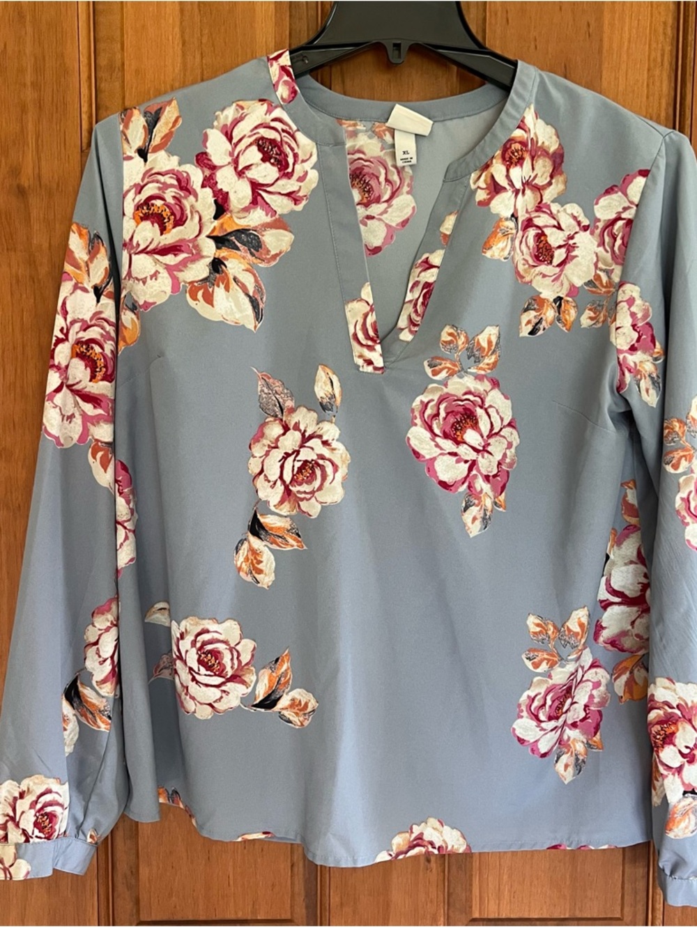 A New Day Floral Split-Neck Blouse in Dusty Blue-XL